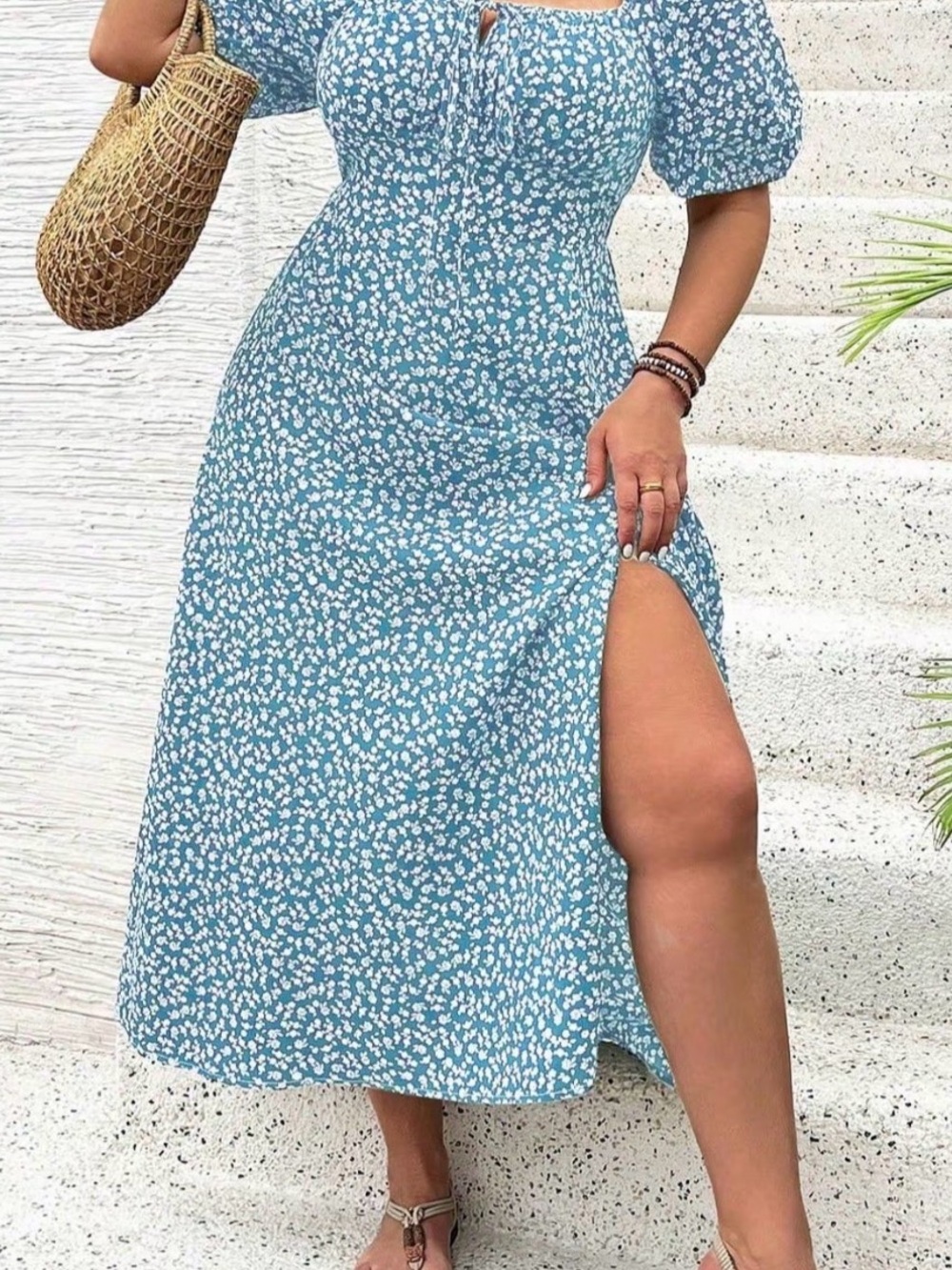 Blue Floral Midi Dress with Puff Sleeves - XL